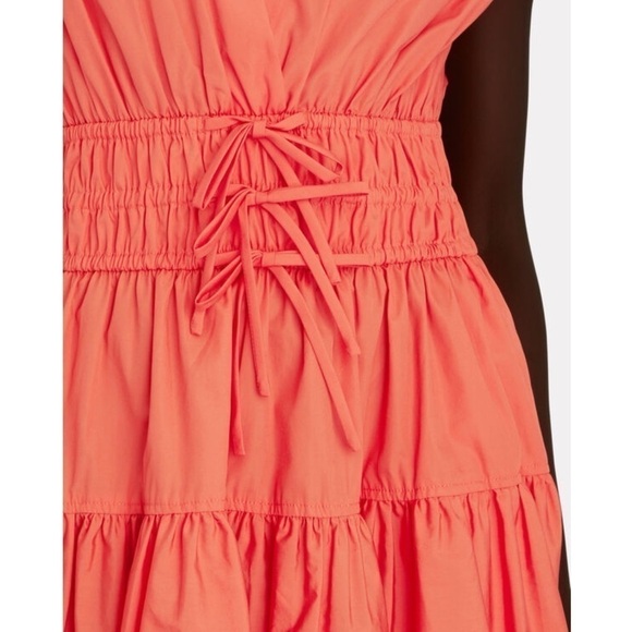 DEREK LAM Coral Cotton Smocked Ruched Tie Waist Short Sleeve Flare Mini Dress 12 - Picture 9 of 13